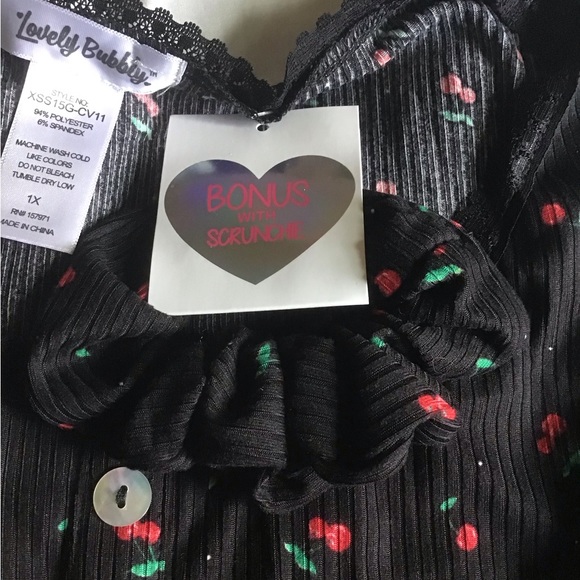 Lovely Bubbly 1X black plus size cherry tank top with scrunchie NWT - Picture 3 of 9